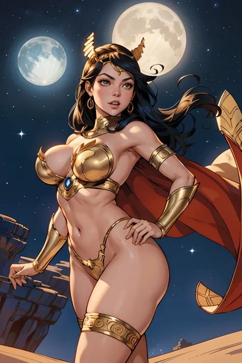 DC Comics, Eloise Mumford dressed as Dejah Thoris, by Frank cho and HR Geiger, barsoom, (sexy), flying, detailed background, night time, ornate diadem, (two moons) of Mars in the sky