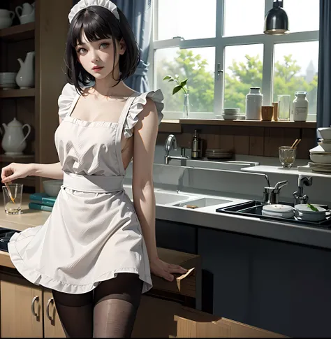 Woman in white dress posing in kitchen drinking wine, exquisite and smooth details, White Apron, Wearing an apron, Apron, frilld, hanbok apron, close angle, maid dress, long dress with apron, Bottom Angle, white waist apron and undershirt, sakimichan, gorg...