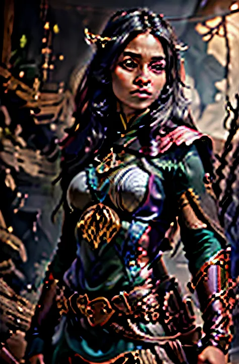 (best quality,4k,8k,highres,masterpiece:1.2), ultra-detailed, (realistic,photorealistic,photo-realistic:1.37), tall half-elven adventurer woman with black hair and purple eyes, dark olive tan skin, wearing a pirate coat and holding a driftwood staff, fanta...