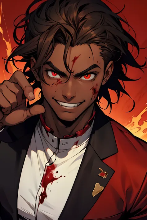 black young man, negro, messy hair, brown hair, red suit, lindo, crazy face, blood, BLOOD, crazy smile, evil eyes, psicopath,  red sea, blood, blood, jojo pose