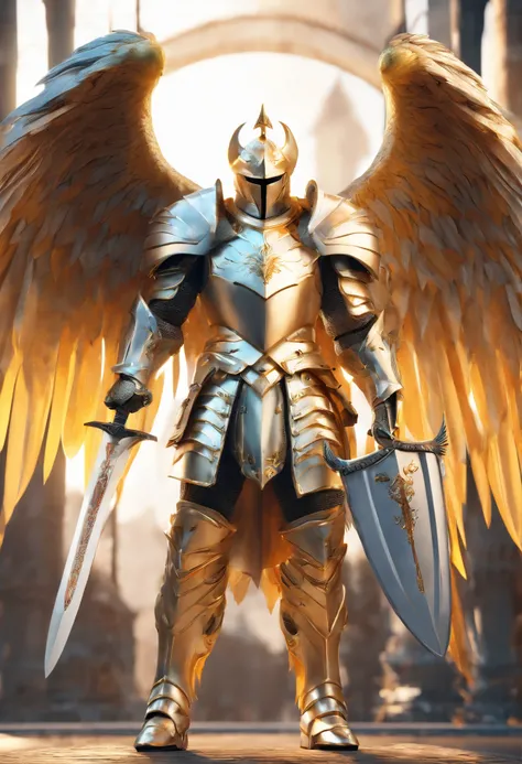 knight, white eagle head, silver gold armor, muscle, magic castle background, sharp focus, flame wings, holding big sword