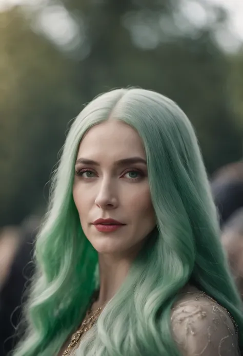 The woman with long green hair is the queen.