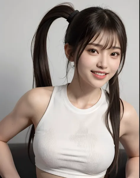 zydG, 1girl, detailed skin, looking at viewer, brown eyes, (ponytail with bangs:1.2), (large breasts:1.0), (large areolae:0.8), smile with white teeth,
(photorealistic:1.4), (best quality:1.0), (ultra highres:1.0), 8k, RAW photo, (masterpiece:0.2), (sports...