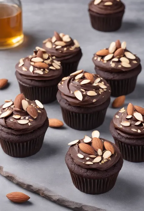 Chocolate cupcakes topped with almonds and honey