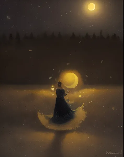 pintura de uma mulher em um vestido preto segurando um guarda-chuva, inspirado em Jakub Schikaneder, Olhando para a lua, ilustrador olho de peixe luz da lua, noite calma. digital illustation, illustration!, dreamy illustration, The moon behind her, luar ne...