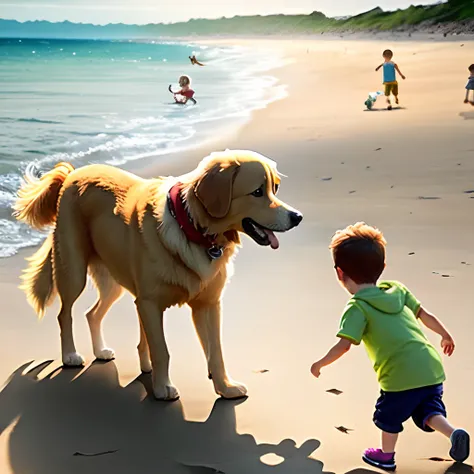 Golden retriever retriever playing with small children on the beach