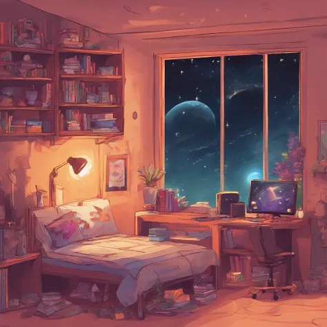 A cute gamer room with lots of decoration, pictures and books and an open window for a night view in a starry sky with no character in the room