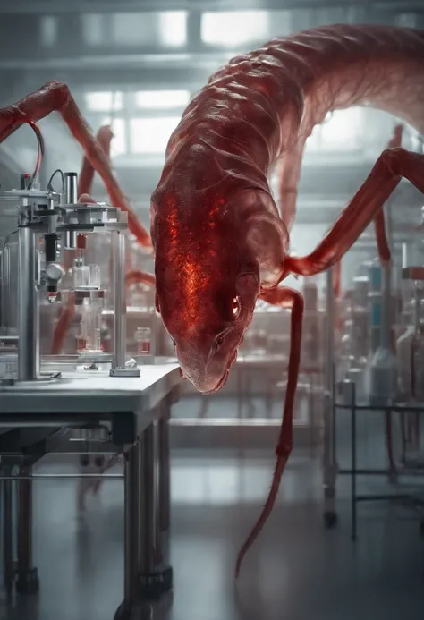 transparent creature with red blood, being observed in a laboratory by scientists,illustration,ultra-detailed,highres,realistic, portraits, vivid colors,studio lighting,sharp focus,physically-based rendering,creature anatomy,scientific research, microscope...