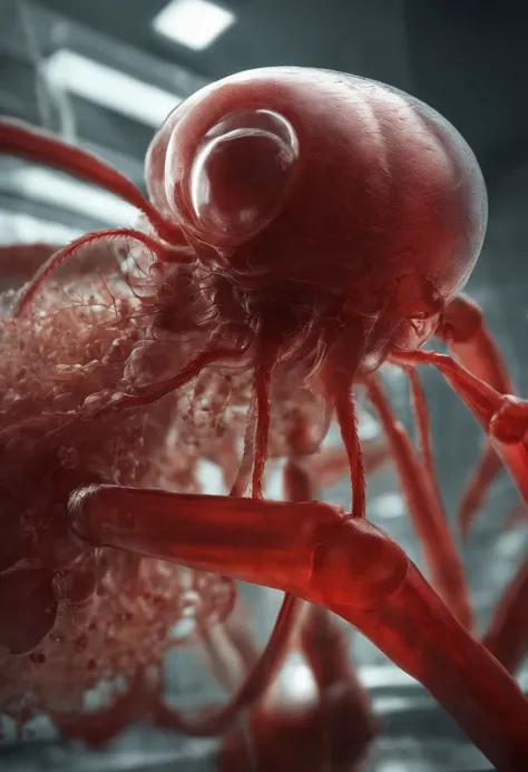 transparent creature with red blood, being observed in a laboratory by scientists,illustration,ultra-detailed,highres,realistic, portraits, vivid colors,studio lighting,sharp focus,physically-based rendering,creature anatomy,scientific research, microscope...