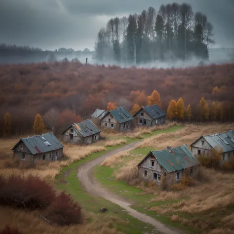 rotten village, the dead village, a ruined village, chaos in the countryside, longing and pain, despair and grief. emptiness awa...