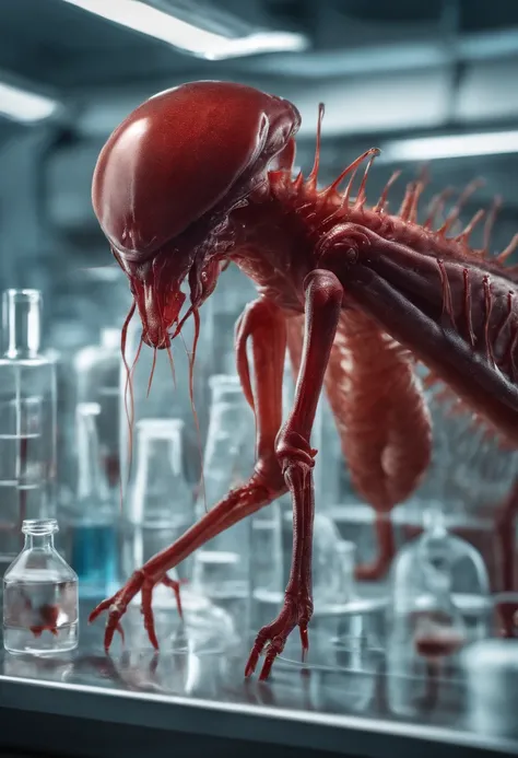 transparent creature with red blood, being observed in a laboratory by scientists,illustration,ultra-detailed,highres,realistic, portraits, vivid colors,studio lighting,sharp focus,physically-based rendering,creature anatomy,scientific research, microscope...