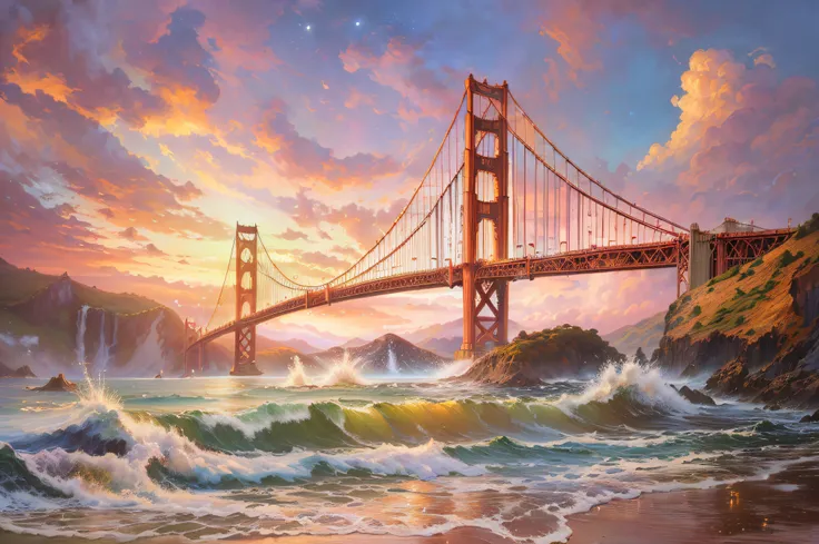 a painting of a bridge over a body of water with a alien space ship, inspired by mark keathley, golden gate, golden gate bridge, ( thomas kincade ), ( ( thomas kinkade ) ), thomas kincade, thomas kindkade, by mark keathley, rhads and thomas kinkade, thomas...