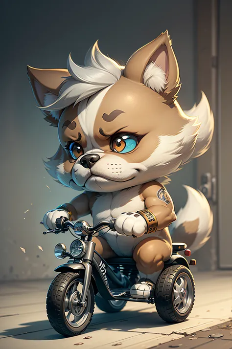 C4tt4stic, Cartoon boxer dog desperately riding a tricycle（Body hair is light gray、The specifics of the appearance of the Boxer dog、Desperate face）