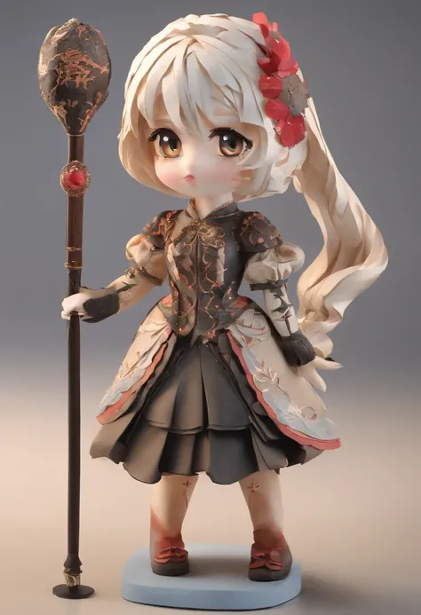 a girl, artificial empathy, Equipped with wooden wand, ultra detailed, high definition, highest quality, Perfect alignment, Clear outline, Game Character Design, fullbody, standing posture, chibi anime,