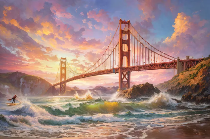 a painting of a bridge over a body of water with a surfer, inspired by mark keathley, golden gate, golden gate bridge, ( thomas kincade ), ( ( thomas kinkade ) ), thomas kincade, thomas kindkade, by mark keathley, rhads and thomas kinkade, thomas kinkade. ...