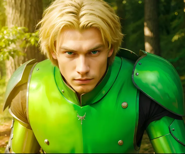 a 20 years old guy, medieval green armor, blonde hair, blue eyes. serious stare, forest background