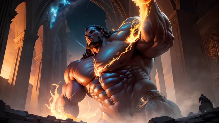 (giant muscular god-like figure,extremely massive,colossal,towering over the planet hearth,realistic),grandiose landscape,imposing figure,beholding the world,awe-inspiring,overwhelming power,vibrant colors,detailed muscles,heroic pose,stunning lighting,mag...