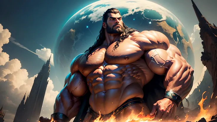 (giant muscular god-like figure,extremely massive,colossal,towering over the planet hearth,realistic),grandiose landscape,imposing figure,beholding the world,awe-inspiring,overwhelming power,vibrant colors,detailed muscles,heroic pose,stunning lighting,mag...