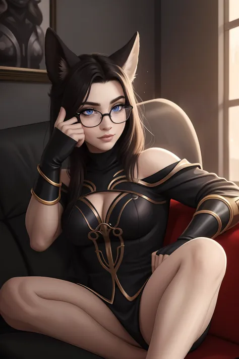 Woman with glasses sitting on a couch with a furry , aluna hiperrealista, com rabo-de-porco preto, character is in her natural pose, imagem ultra realista, Commission for High Res, nerdy black girl super hero, With eye Glasses, uma aluna hiperrealista, thi...