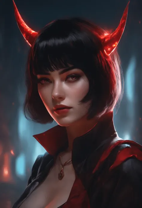 1girl, short hair, Bob cut, black hair, yucata white, eyes red, demon, retrato, poster, fondo gamer, cuertoo completo, 4k, estetica perfecta