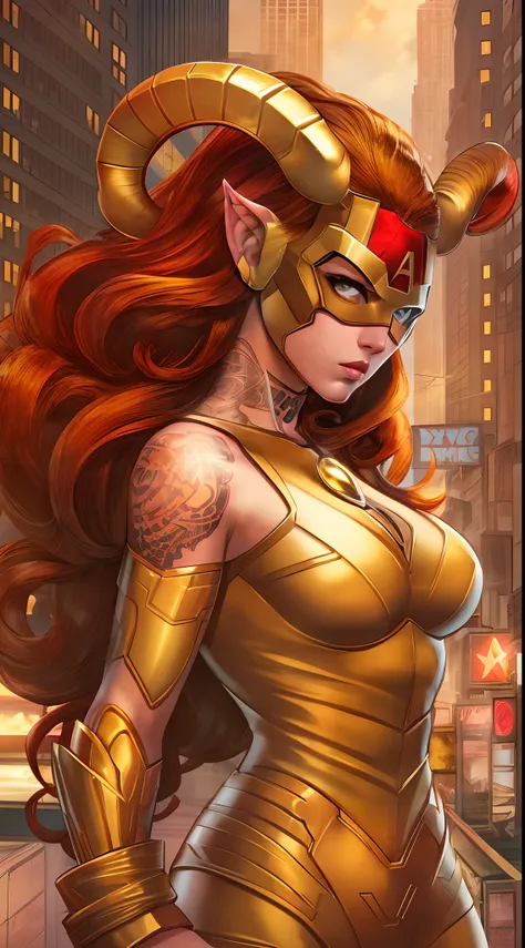 aries sign super hero,full body , sensual body,girl, athlete body , long red hair that looks like it's on fire , golden eyes ,re...