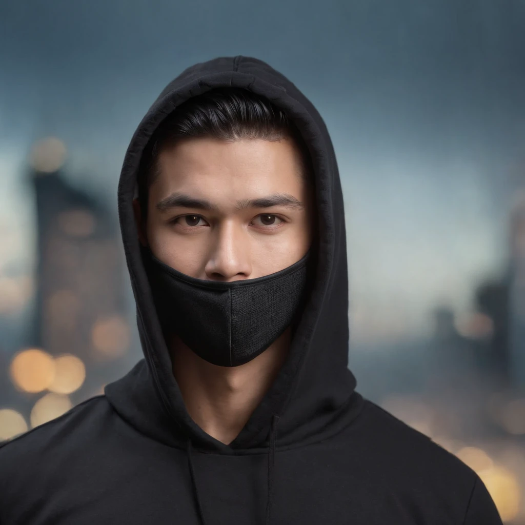 masterpiece, best quality, ultra detailed, realistic,handsome brunei man face mask, black hoodie,hacker style,gaming room background