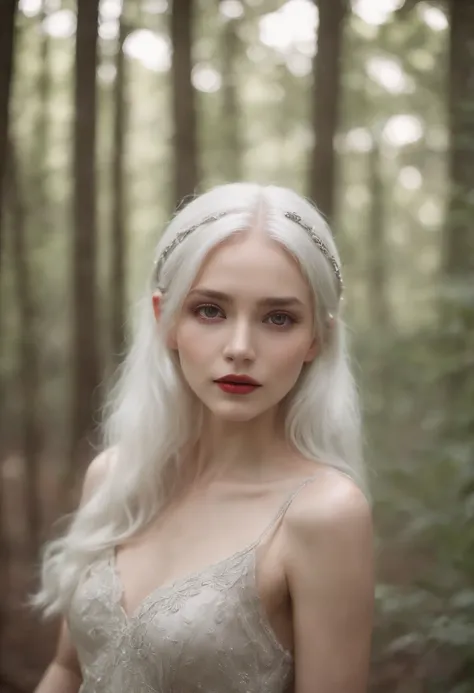 very beautiful person, petite,"thin in the extreme", with small, "pixie-like" features,long white hair, extreme pale skin,red eye pupils,raven black dress,full body,forest,night