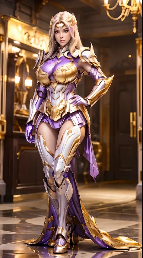 A WOMAN, BEAUTIFULL FACE, (WHITE, GOLD, PURPLE:1.2), (SEXY RED LIBS:1), (BEAUTY MAKEUP:1), (SHINY SKIN:1.2), (HUGE BOOBS:1.1), (FULL BODY:1.1), (MECHA BATTLE ARMOR:1), (CLEAVAGE:1), TRANSPARANT, TALL LEGS, STANDING, (SEXY BODY:1), (MUSCLE ABS:1.1).