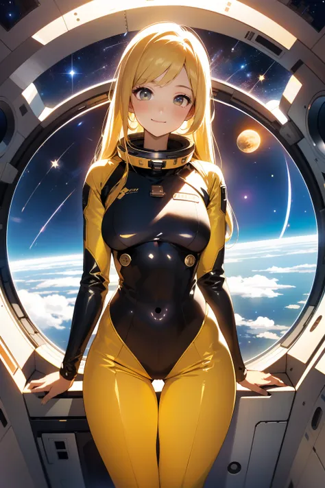 (masterpiece, best quality:1.2), (cowboy shot:1.1), solo, 1girl, mori yuki, slight smile, closed mouth, looking at viewer, blonde hair, thigh gap, yellow bodysuit, skin-tight, perfect body, belt, long blonde hair, large window, (starship porthole:1.3), fro...