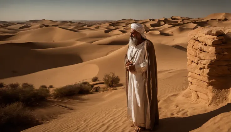 Homem encapuzado andando no deserto, Hold a hand with the staff, In the background of the sky, portrait of bedouin d&d, ainda do filme live-action, supervision: Directed by: Etienne delessert, Fotografia IMAX, James Gurney e Andreas Rocha, Filme duna 2020,...