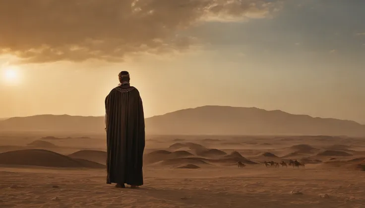 Homem encapuzado andando no deserto, Hold a hand with the staff, In the background of the sky, portrait of bedouin d&d, ainda do filme live-action, supervision: Directed by: Etienne delessert, Fotografia IMAX, James Gurney e Andreas Rocha, Filme duna 2020,...