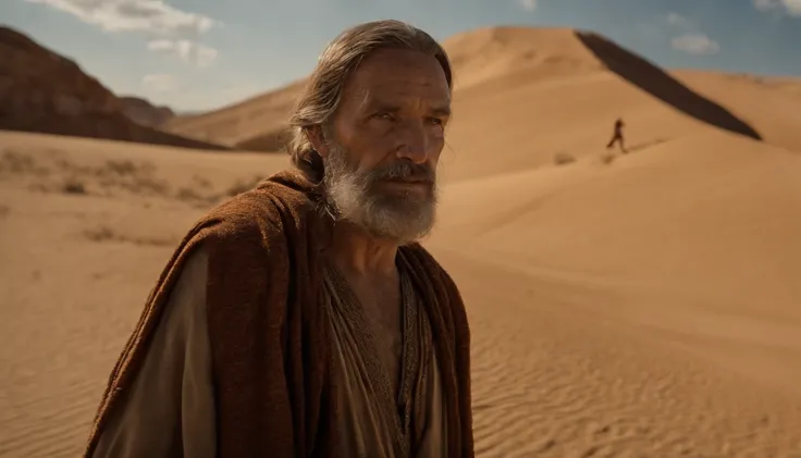 Homem encapuzado andando no deserto, Hold a hand with the staff, In the background of the sky, portrait of bedouin d&d, ainda do filme live-action, supervision: Directed by: Etienne delessert, Fotografia IMAX, James Gurney e Andreas Rocha, Filme duna 2020,...