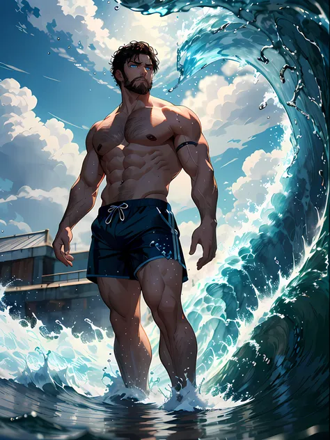 "Poseidon wearing tight shorts with a very short beard and dark hair. He possesses hydrokinesis, displaying the ability to manipulate water in the form of flying, creating massive waves and splashes. He represents the Greek god of water, standing atop wate...