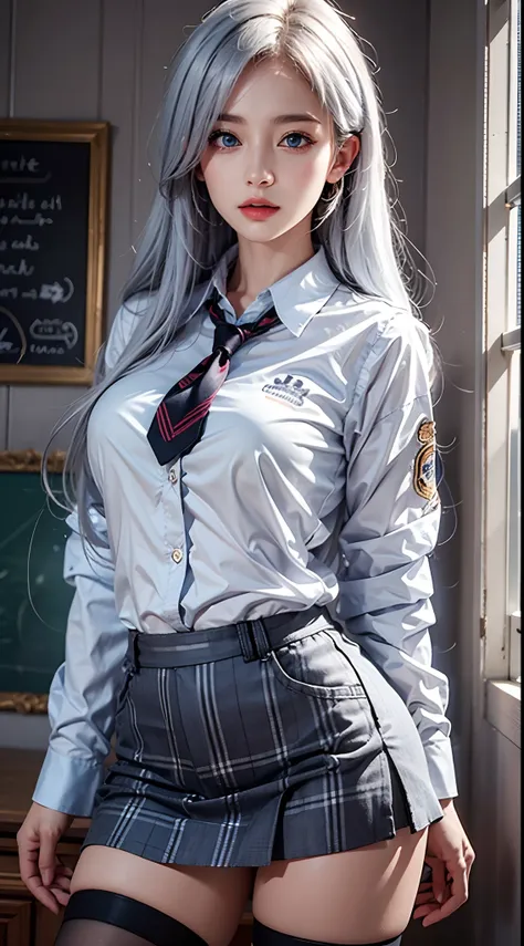 photorealistic, high resolution, soft lights, 1women, solo, hips up, blue eyes, white hair, long hair, school uniform, shirt, sk...