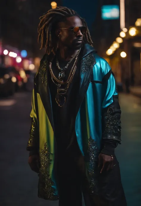 A black african american man, wearing distopian cyber punk clothing, dreadlock hair style in a cool pose, city, absurdres, high res, ultrasharp, 8k, masterpiece, looking at viewer