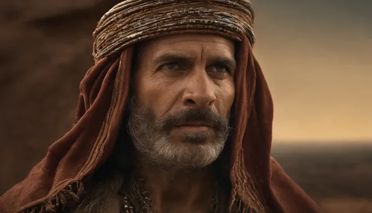 um homem encapuzado andando no deserto, holding a staff and a hand, with a sky background, portrait of bedouin d&d, ainda de um filme live action, Directed by: Étienne Delessert, Disparo IMAX, James Gurney e Andreas Rocha, Filme ainda de Duna 2020, medium ...