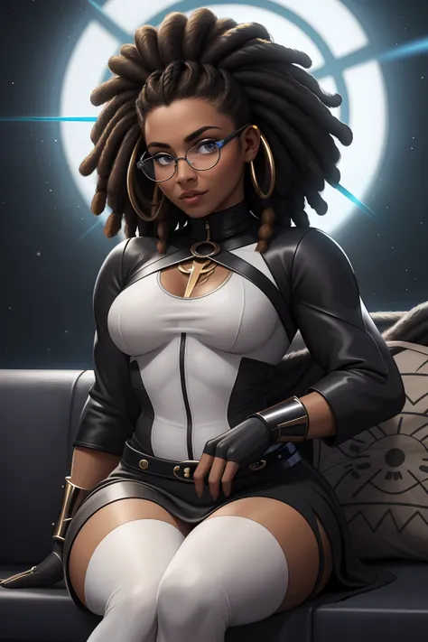 Mulher negra Moreno, de cabelo afro cabelo caindo para frente, Rasta type but braided with glasses sitting on a couch with a furry , aluna hiperrealista, com rabo-de-porco preto, character is in her natural pose, imagem ultra realista, Commission for High ...