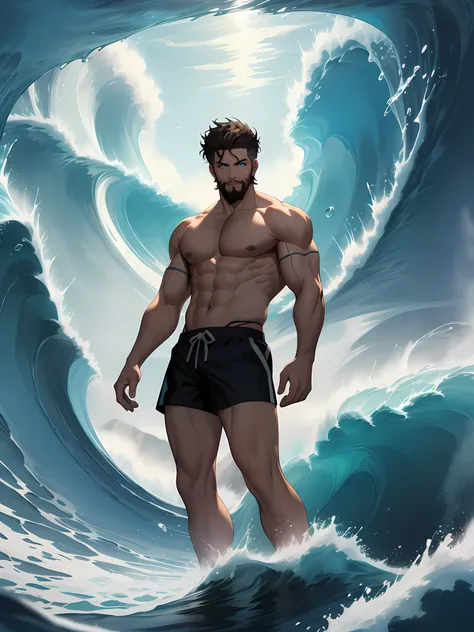 "Poseidon wearing tight shorts with a very short beard and short dark hair. He possesses hydrokinesis, displaying the ability to manipulate water in the form of flying, creating massive waves and splashes. He represents the Greek god of water, standing ato...