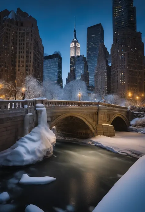 a frozen New York City
, a surreal and enchanting sight, New York City transformed into a frozen wonderland, as if time itself has come to a halt. , the iconic skyline adorned with glistening icicles, the buildings and bridges transformed into shimmering i...