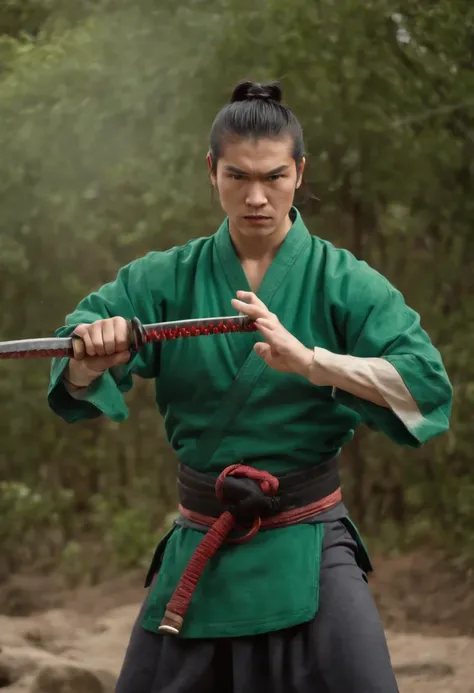 Samurai baseado no escorpion( Mortal Kombat.) Holding two katanas in two hands, expression of anger and hatred, Japanese man in his twenties, olhos verdes, attack expression ( both hands have five fingers.)