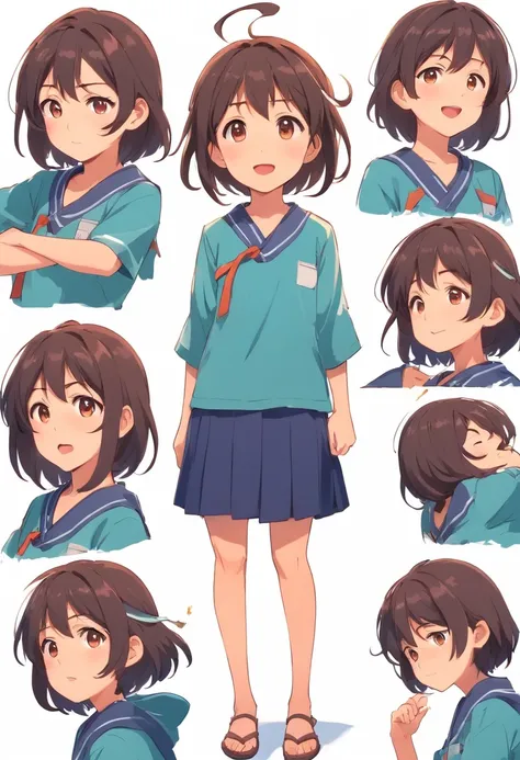 an anime girl, five years old, multiply poses and expressions, character sheet, isolated in white background