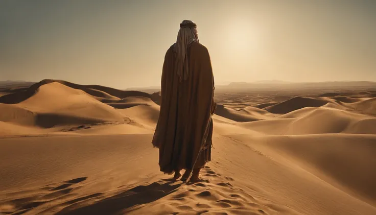 Homem encapuzado andando no deserto, Hold hands with the team, In the background of the sky, portrait of bedouin d&d, ainda do Filmes live-action, supervision: Directed by: Étienne Delessert, Fotografia IMAX, James Gurney e Andreas Rocha, Filme duna 2020, ...