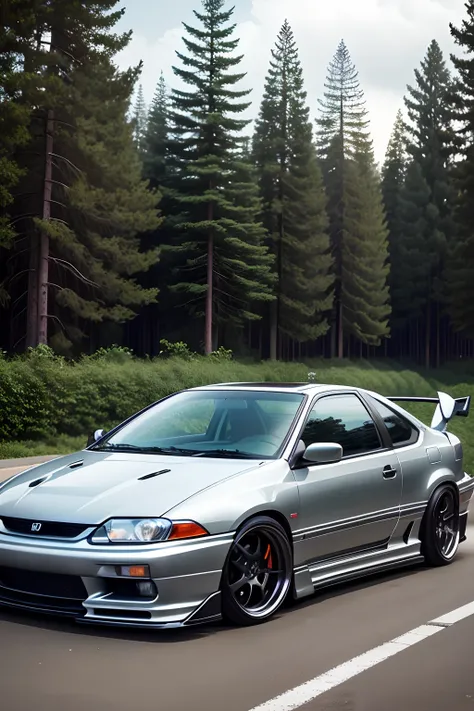 Honda Civic silver colored Coupe late 2000s, black carbon hood, wing, black rims, front side, trees in the background,