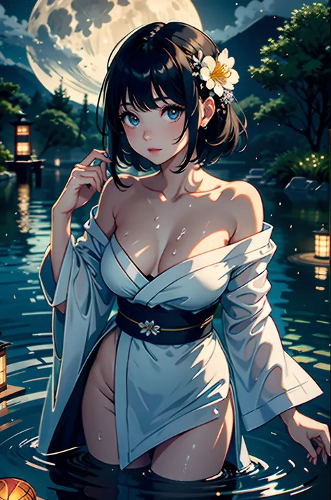 1girl, breasts, moon, lantern, night, solo, large breasts, hair ornament, wet, kimono, japanese clothes, wading, water, hair flower, flower, outdoors, sky, full moon, rain, black hair, off shoulder, mountain, cloud, holding, sash, bare shoulders, paper lan...