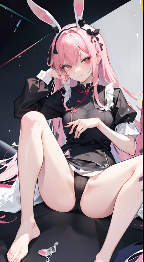 opening legs，Bunny ears，No underwear， the feet，is shy，sitted， Feet，Exposed genitals，clear liquid，Bigchest，Black fully transparent panties，soaking wet，A pink-haired，Hold your thighs from behind with your hands，Emotive expressions，Ambiguous，taunt，on cheongsa...