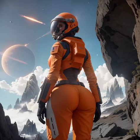 rear angle, Highly detailed RAW color Photo, Rear Angle, Full Body, of (female space soldier, wearing orange and white space suit, helmet, tined face shield, rebreather, accentuated booty), outdoors, (looking up at advanced alien structure, on alien planet...