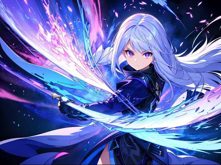 Colorful, 1girll, White hair, Purple eyes, holdingsword, Blue Flame, glowing weapon, Light particles, the wallpaper, color difference，Film and television grade，Big background，The characters are small