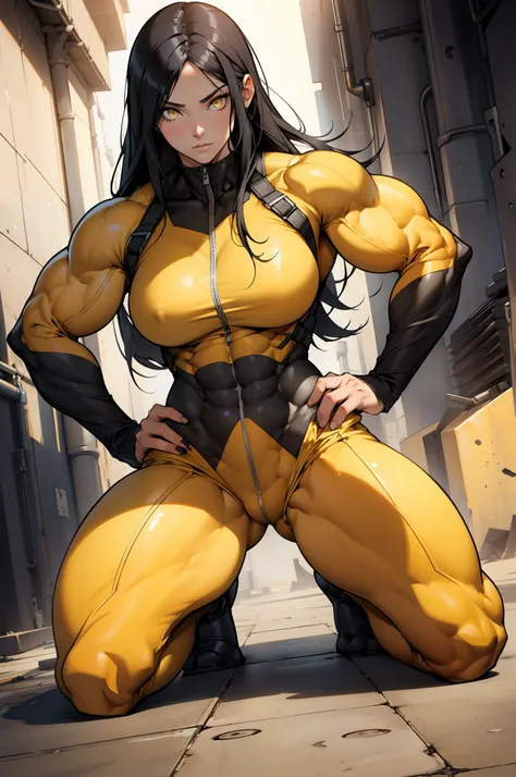 (((((1 girl))))), black hair, yellow eyes, very long hair, ((((((muscular)))))), tall, pale skin, bodysuit (solo), curvy, wide hips, thick thighs, (kneeling down)