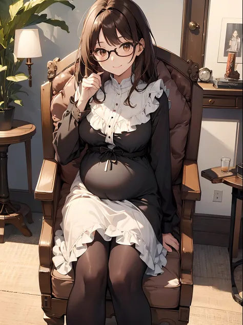 1 female、brown haired(Curta)、Brown eyes、Black-rimmed glasses、Best Quality、ultra-detailliert、8K resolution、Raw photo、masutepiece、gorgeous faces、Perfect body、a smile、maternity、sitting in the chair