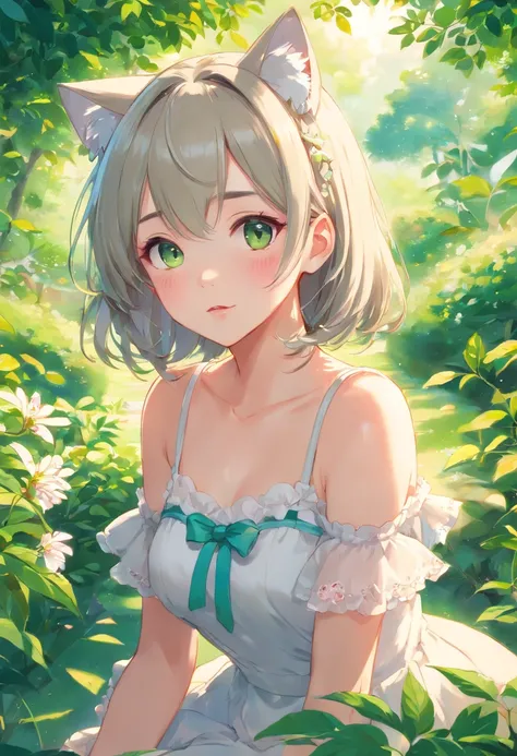 (best quality,4k,highres,masterpiece:1.2),ultra-detailed,realistic,portrait,girl in a garden,beautiful detailed eyes,beautiful detailed lips,extremely detailed eyes and face,longeyelashes,anime style,megane,silver hair,cat ears,strawberry-eating lolita,dre...